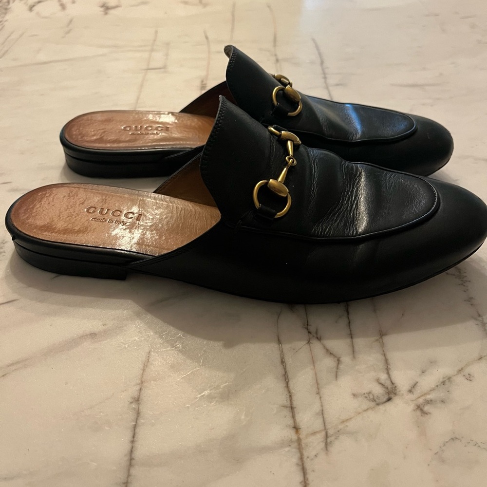 Gucci Black Leather Horsebit Backless Loafers